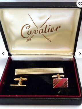 Vintage Cavalier tie clip cuff link set case mid century geometric gold tone